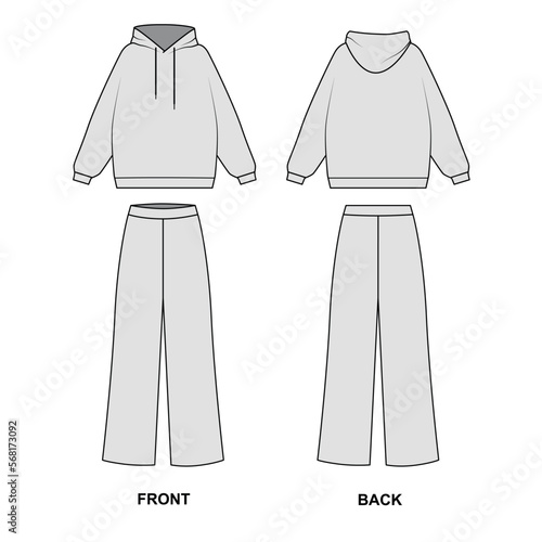 Sketch of a fashionable suit consisting of wide trousers and a hoodie, vector. Outline drawing Pajama pants and sweatshirt. Women's tracksuit template, front and back view. photo