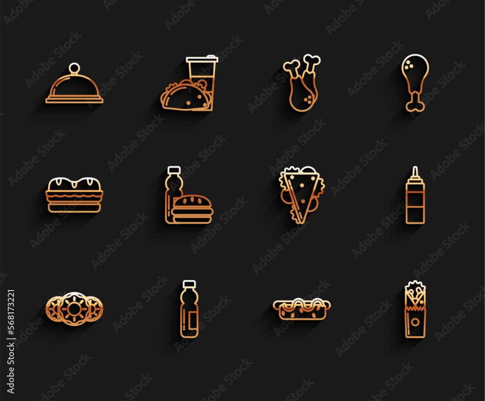Set line Donut with sweet glaze, Bottle of water, Covered tray food, Hotdog sandwich mustard, Doner kebab, burger, Sauce bottle and Sandwich icon. Vector Set line Donut with sweet glaze, Bottle of water, Covered tray food, Hotdog sandwich mustard, Doner kebab, burger, Sauce bottle and Sandwich icon. Vector
