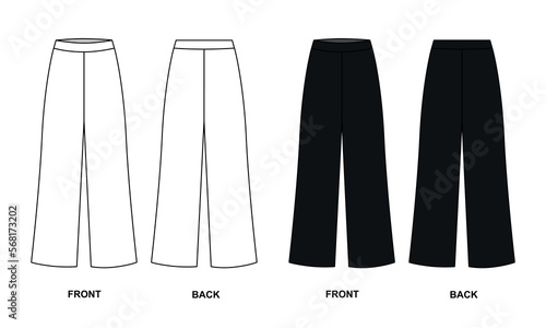 Vector drawing of fashionable, wide, long trousers. Palazzo pants front and back view, vector. Loose fit jersey sweatpants template, vector