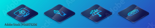 Set Isometric line Umbrella and rain drops, Location with leaf, Homemade pie and Kite icon. Vector