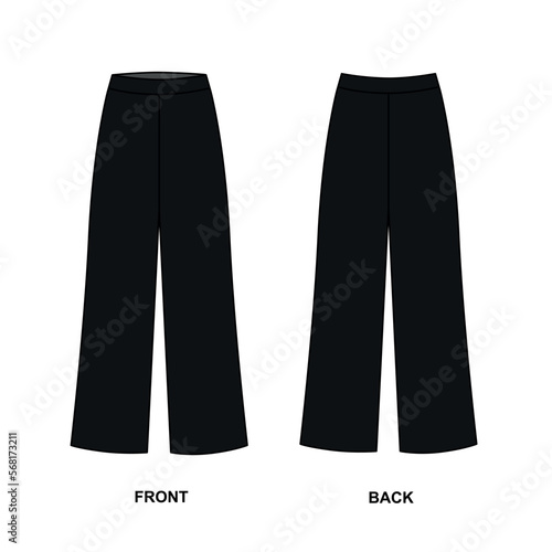 Vector drawing of fashionable, wide trousers in black. Palazzo pants front and back view, vector. Loose fit jersey sweatpants template, vector