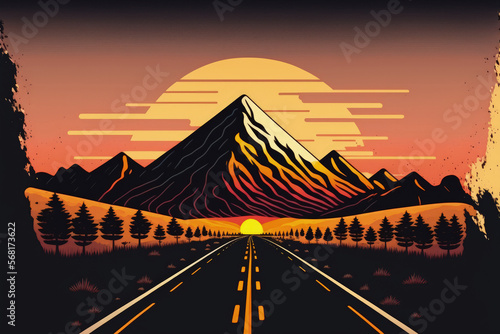 Sunset scene of a mountain and an asphalt road. Background of a road and mountains. Generative AI