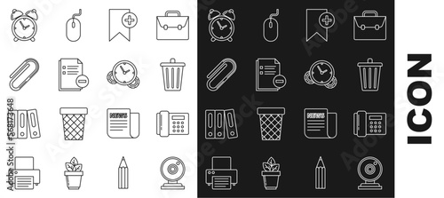Set line Web camera, Telephone, Trash can, Bookmark, Document with minus, Paper clip, Alarm clock and Time Management icon. Vector