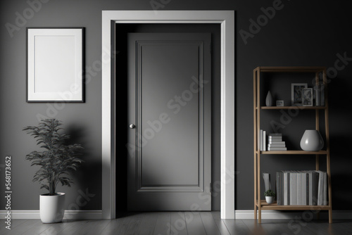 Front view of a dark living room with a white poster that is blank, a closet that contains dishes and books, a grey wall, and an oak wooden hardwood floor. minimalist design principle. a mockup