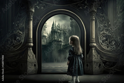 Young girl looking at a castle, pondering, Generative AI