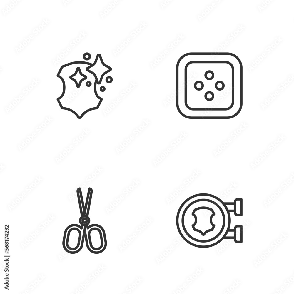 Set line Leather, Scissors, and Sewing button for clothes icon. Vector Set line Leather, Scissors, and Sewing button for clothes icon. Vector