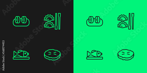 Set line Homemade pie, Served fish on plate, Sushi and Dumpling with chopsticks icon. Vector