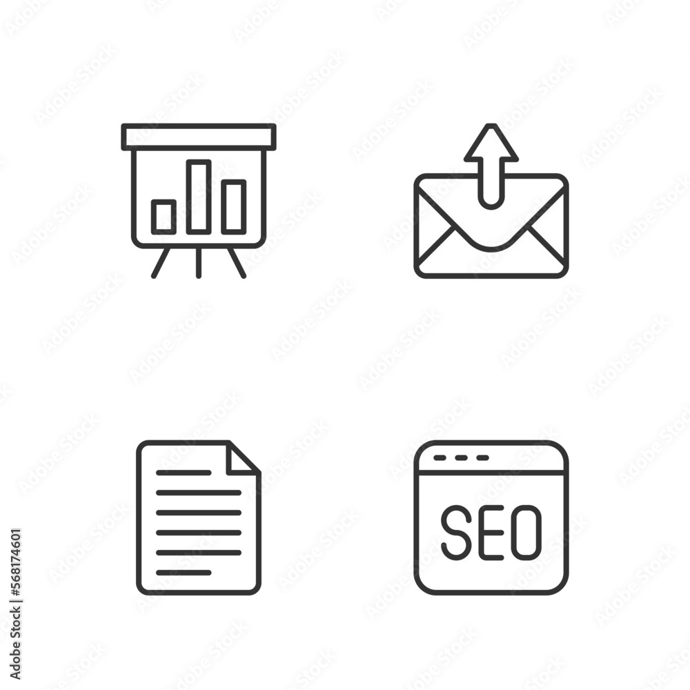 Set line SEO optimization, File document, Board with graph chart and Mail and e-mail icon. Vector Set line SEO optimization, File document, Board with graph chart and Mail and e-mail icon. Vector