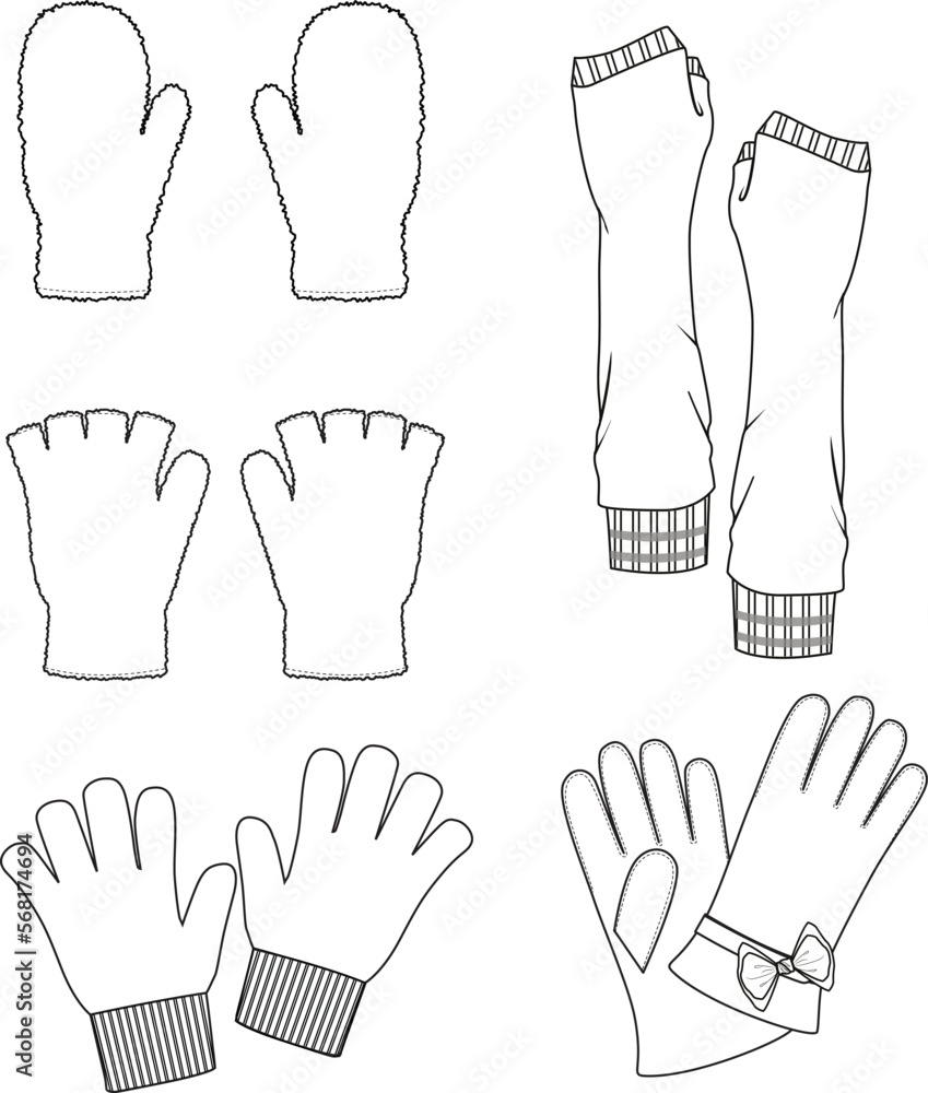 Unisex Gloves Set. Technical fashion glove illustration. Flat apparel