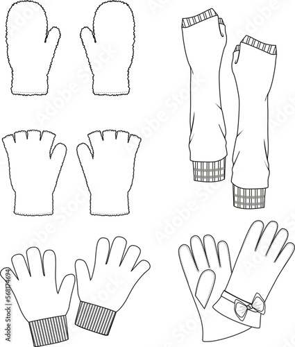 Unisex Gloves Set. Technical fashion glove illustration. Flat apparel glove template front and back, white color. Unisex CAD mock-up.