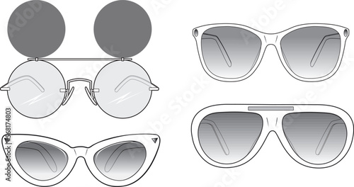 Unisex Sunglasses Set. Technical fashion glasses illustration. Flat accessory glasses template front and white color. Unisex CAD mock-up.