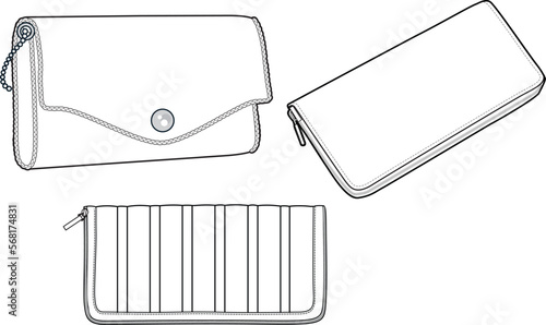 Women's Wallets Set. Technical fashion wallet illustration. Flat apparel wallet templates are white in color. Women's CAD mock-up.