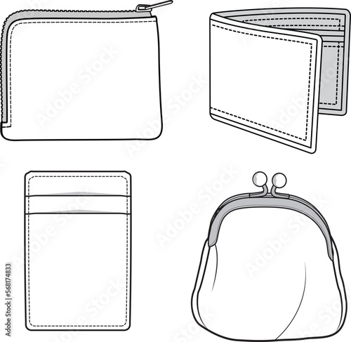 Wallets Set. Technical fashion wallet illustration. Flat apparel wallet templates are white in color. Unisex CAD mock-up.