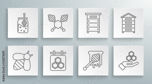 Set line Bee, Honey dipper stick, Hanging sign with honeycomb, dripping, Honeycomb and hand, Hive for bees, and Jar of icon. Vector