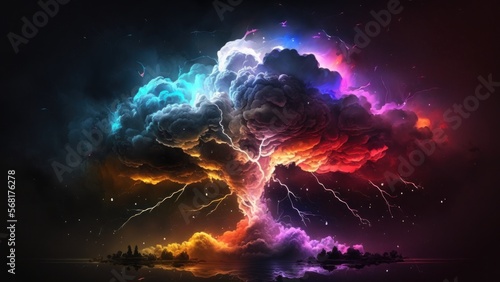 Abstract designs of colorful thunderstorms or "Colorstorms" :). Lightning covers the sky and hits the ground.