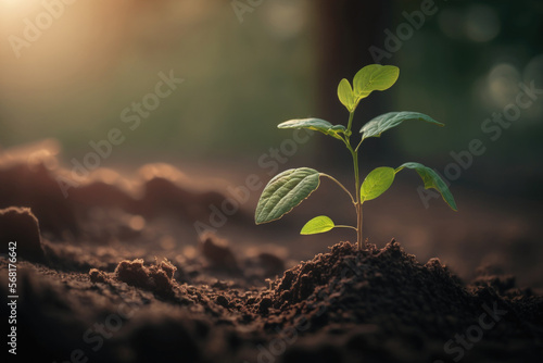 developing plant, Young plant with ground background and dawn light, New life concept. Springtime sees little plants on the ground. fresh,seed, image with a modern agricultural concept. Generative AI