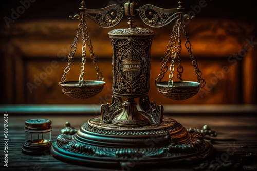 vintage metal weigh scales as a symbol of court and justice on the table, generative ai