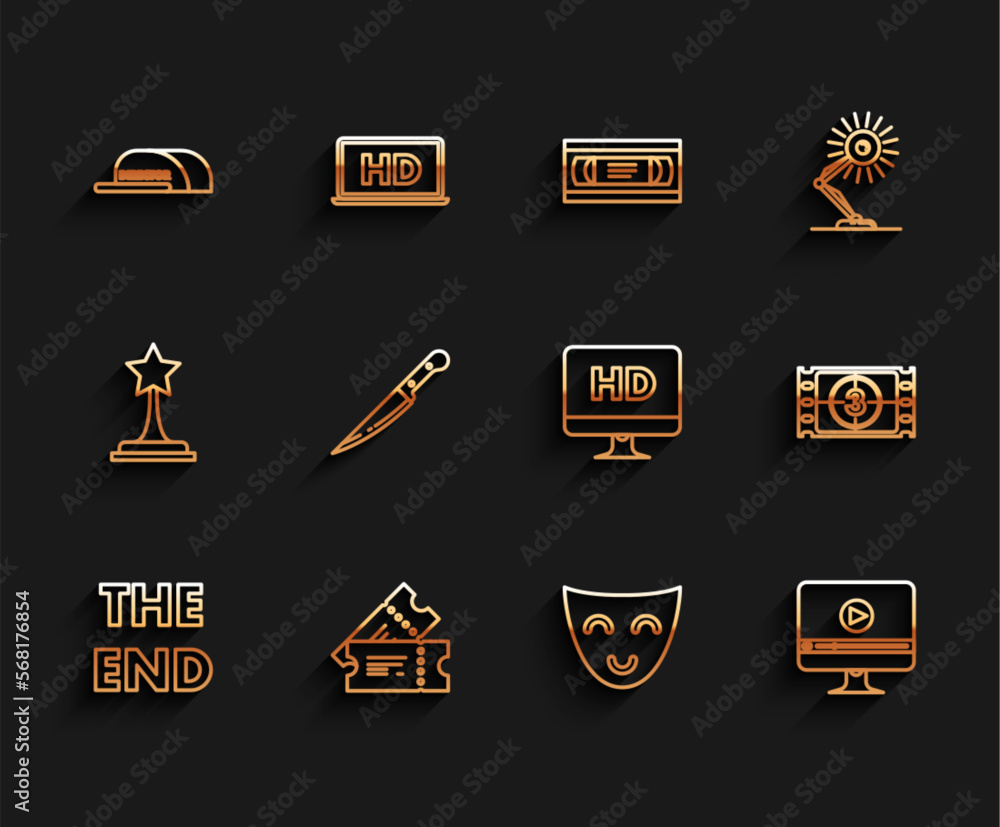 Set line The End handwritten inscription, Cinema ticket, Cap with director, Comedy theatrical mask, Online play video, Knife, Play Video and Computer PC monitor HD technology icon. Vector Set line The End handwritten inscription, Cinema ticket, Cap with director, Comedy theatrical mask, Online play video, Knife, Play Video and Computer PC monitor HD technology icon. Vector