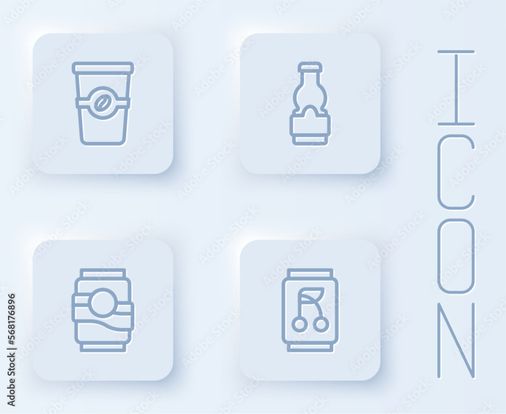 Set line Coffee cup to go, Sauce bottle, Soda can and . White square button. Vector Set line Coffee cup to go, Sauce bottle, Soda can and . White square button. Vector