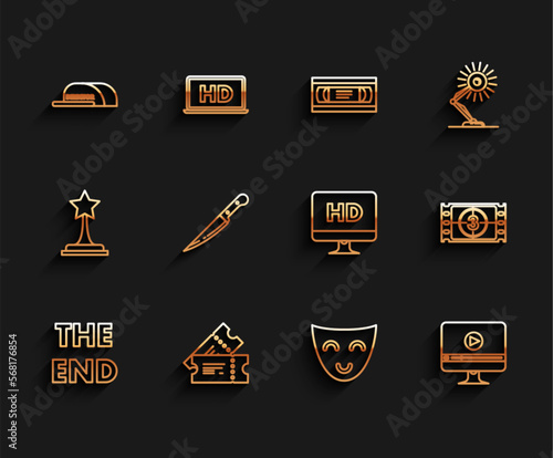 Set line The End handwritten inscription, Cinema ticket, Cap with director, Comedy theatrical mask, Online play video, Knife, Play Video and Computer PC monitor HD technology icon. Vector