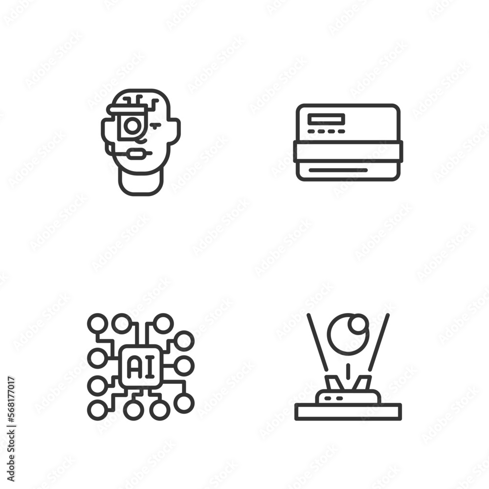 Set line Hologram, Neural network, Smart glasses on spectacles and Credit card icon. Vector Set line Hologram, Neural network, Smart glasses on spectacles and Credit card icon. Vector