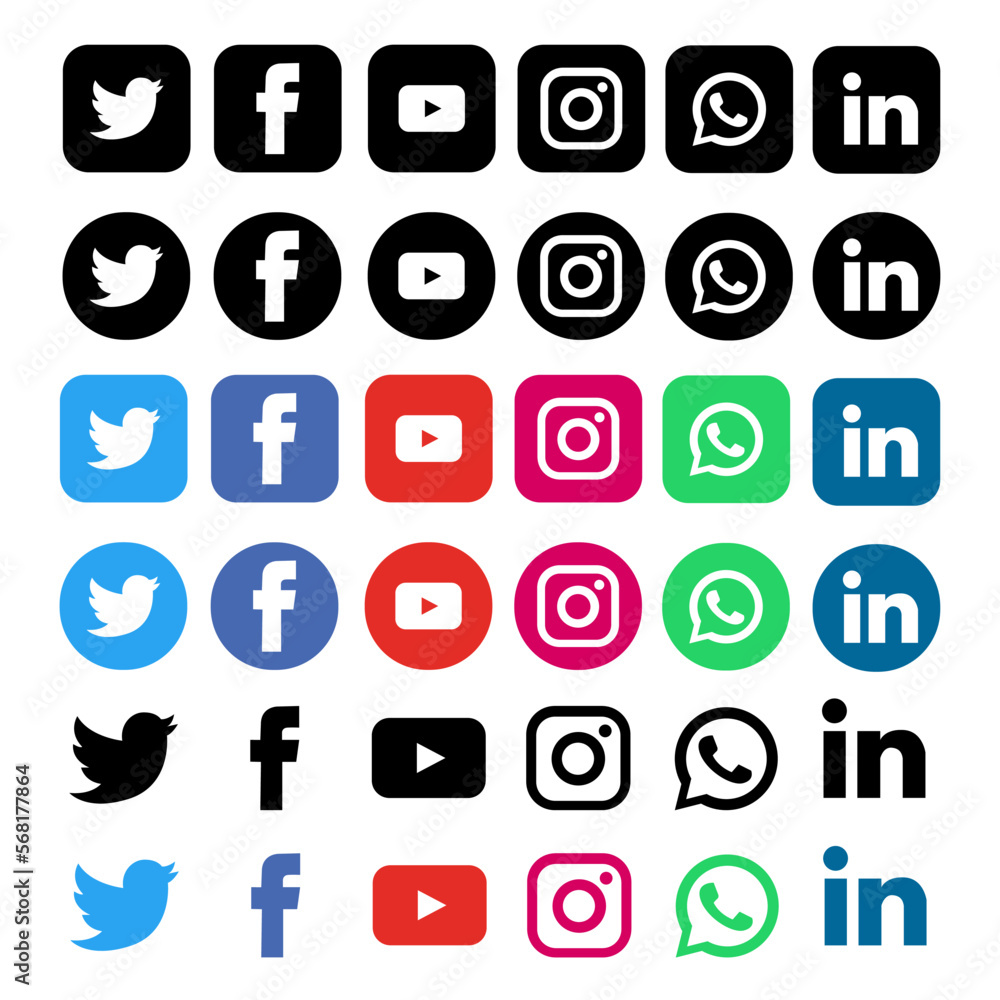 Collection of popular social media logo. Facebook, instagram, twitter ...
