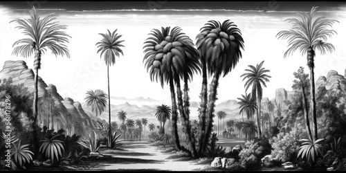 Fototapeta Naklejka Na Ścianę i Meble -  Vintage Jungle Escape: A Black and White Sketch of Majestic Mountains, Lush Valleys, and Epic Skies in a Timeless Landscape Illustration