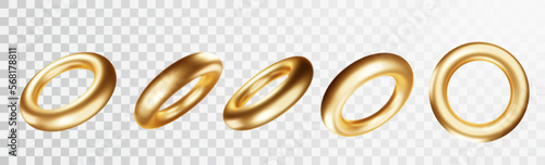 Geometric element in shape of gold 3d torus. Round realistick ring tor set isolated.