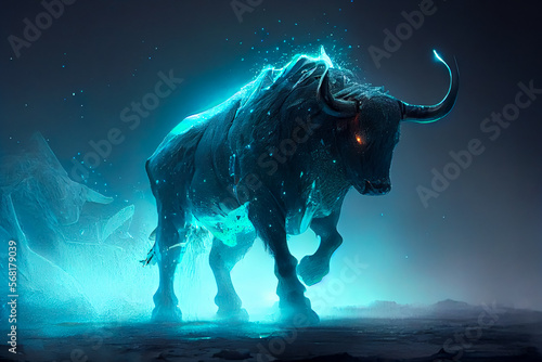 Bull made of ice with blue lights and cold breath. Generative AI