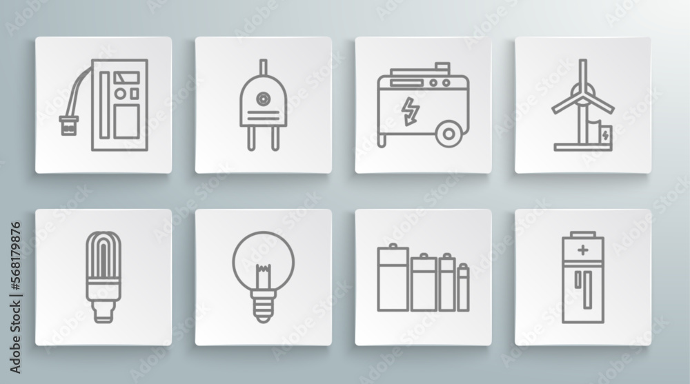 Set line LED light bulb, Electric plug, Light, Battery, Portable power electric generator, Wind turbine and icon. Vector Set line LED light bulb, Electric plug, Light, Battery, Portable power electric generator, Wind turbine and icon. Vector