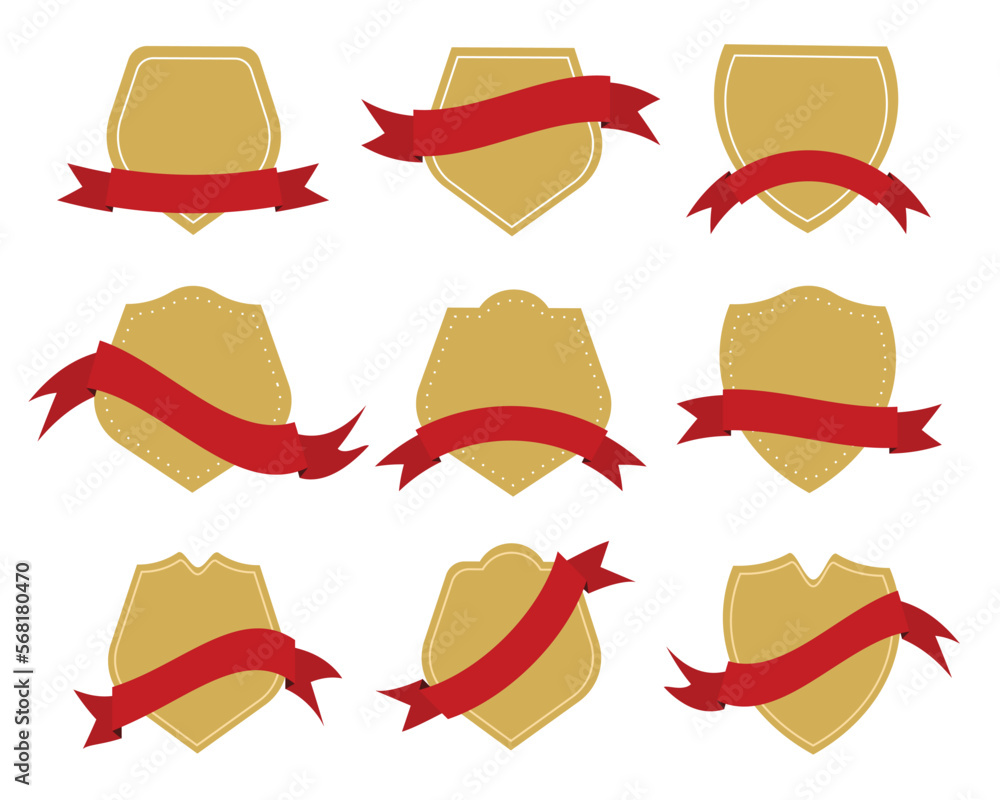 Collection of Golden Blank Badge or Shield Shape with Red Ribbons. Collection of Golden Blank Badge or Shield Shape with Red Ribbons.