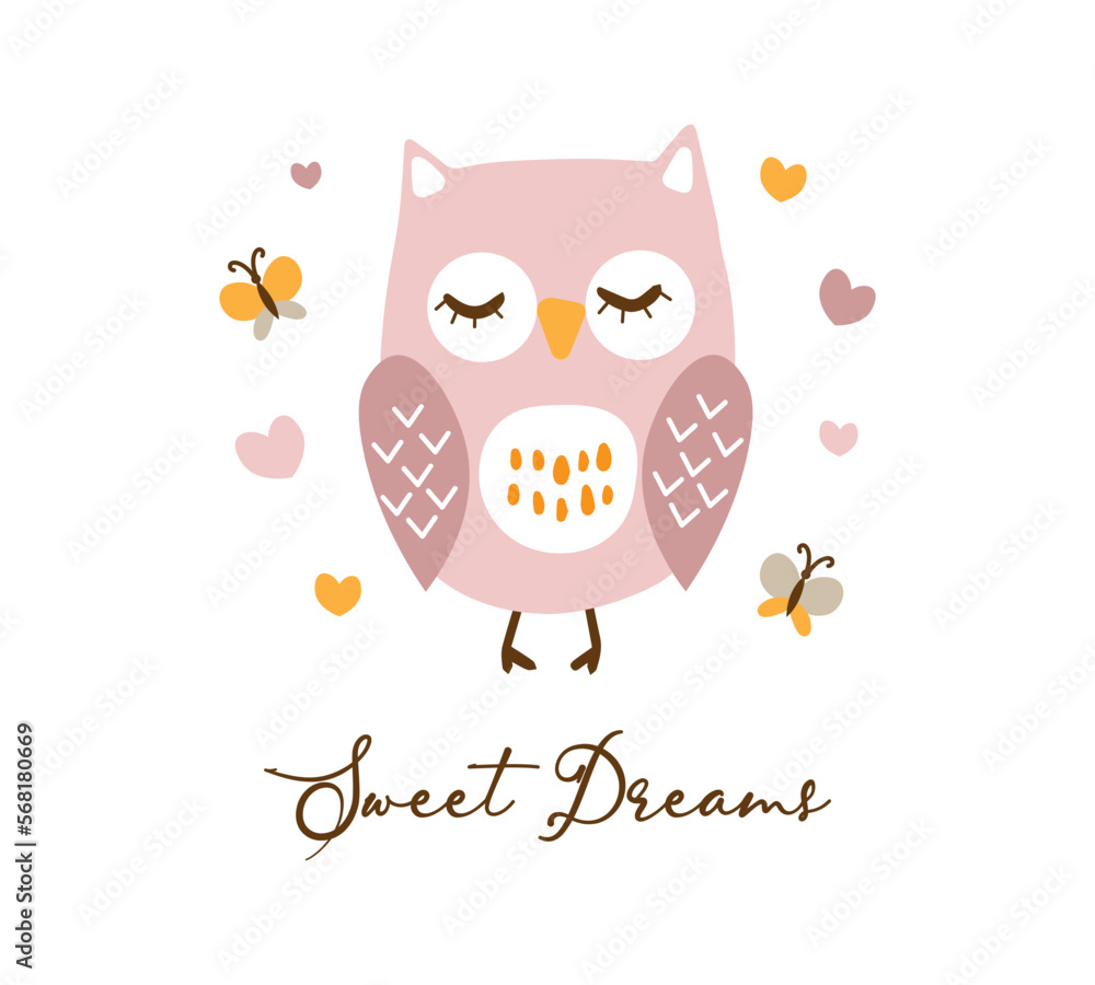 Decorative slogan with cute owl illustration, vector design for fashion, poster, card and sticker prints