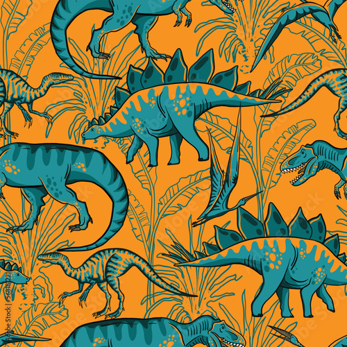 Seamless  silhouette  Dino pattern, print for T-shirts, textiles, wrapping paper, web. Original design with t-rex, dinosaur.  grunge design for boys and girls