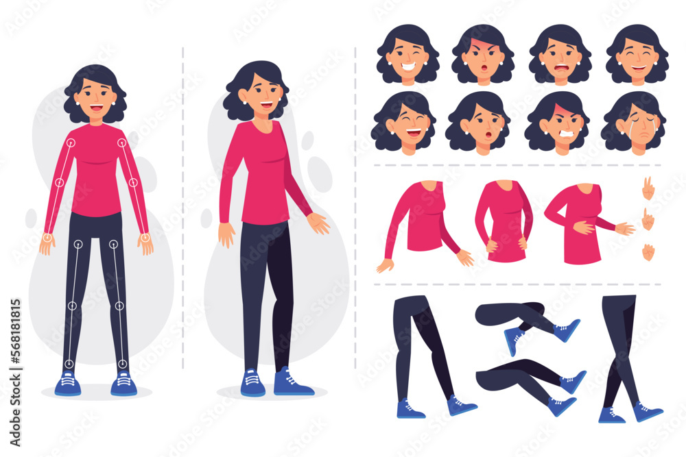 Pretty young woman constructor in flat style. Parts of body legs and arms , face emotions, haircuts and hands gestures. Vector cartoon girl character Pretty young woman constructor in flat style. Parts of body legs and arms , face emotions, haircuts and hands gestures. Vector cartoon girl character