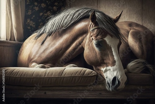  a horse laying down on a couch with its head resting on the back of the couch and it's head resting on the pillow.  generative ai