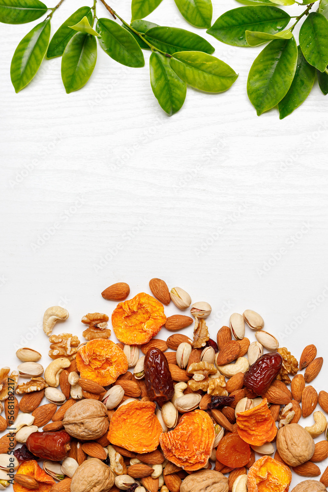 Dried fruits and nuts, branch with young green leaves on white background . Concept of the Jewish holiday Tu Bishvat. Copy space Dried fruits and nuts, branch with young green leaves on white background . Concept of the Jewish holiday Tu Bishvat. Copy space