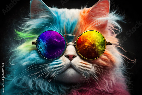 Cool and colorful cat with sunglasses. Rainbow colors. Diversity, tolerance, inclusion concept. Different and unique to be. Fashionable kitty. Generative AI.