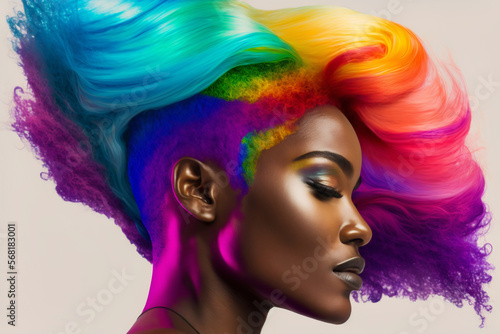 Beautiful woman with rainbow hair. Diversity, tolerance, inclusion concept. Different and unique to be. Fashionable person, colorful close up portrait. Generative AI.
