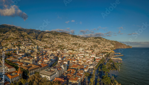 The drone aerialview of downtown district of Funchal, Madeira Island, Portugal. Funchal is the capital of Portugal's Autonomous Region of Madeira, bordered by the Atlantic Ocean. 