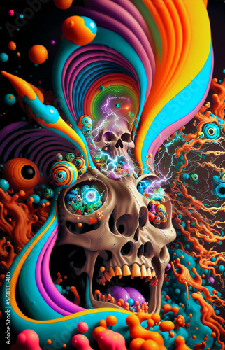 Colorful fantasy illustration of a rainbow skull with lighting rays in graffiti style. Psychedelic crazy Halloween digital painting  © elroce