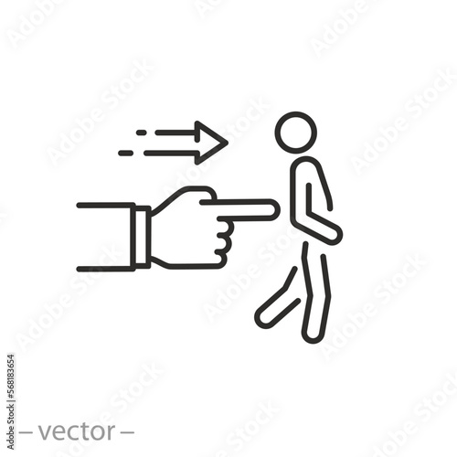 expel a person icon  fired employee gesture  pushing man for exit  thin line symbol on white background - editable stroke vector illustration eps10