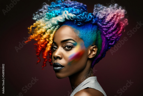 Beautiful woman with rainbow hair. Diversity, tolerance, inclusion concept. Different and unique to be. Fashionable person, colorful close up portrait. Generative AI.