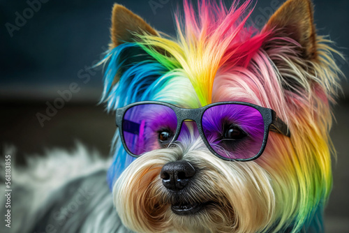 Cool and colorful dog with sunglasses. Rainbow colors. Diversity, tolerance, inclusion concept. Different and unique to be. Fashionable doggy. Generative AI. © Kassiopeia 