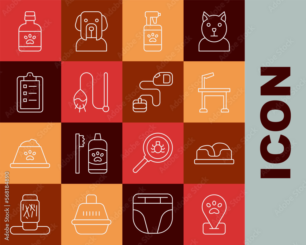 Set line Location pet grooming, Pet bed, table, shampoo, toy, Grooming salon price list, Dog medicine bottle and Retractable cord leash icon. Vector Set line Location pet grooming, Pet bed, table, shampoo, toy, Grooming salon price list, Dog medicine bottle and Retractable cord leash icon. Vector