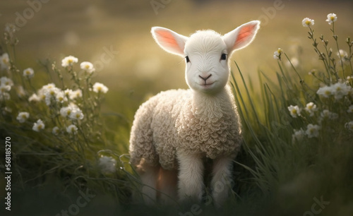 Easter,  white young lamb standing in an open field with little wild flowers and long grass, early morning soft light.  Holy Weekend.  Image created with generative ai.  photo
