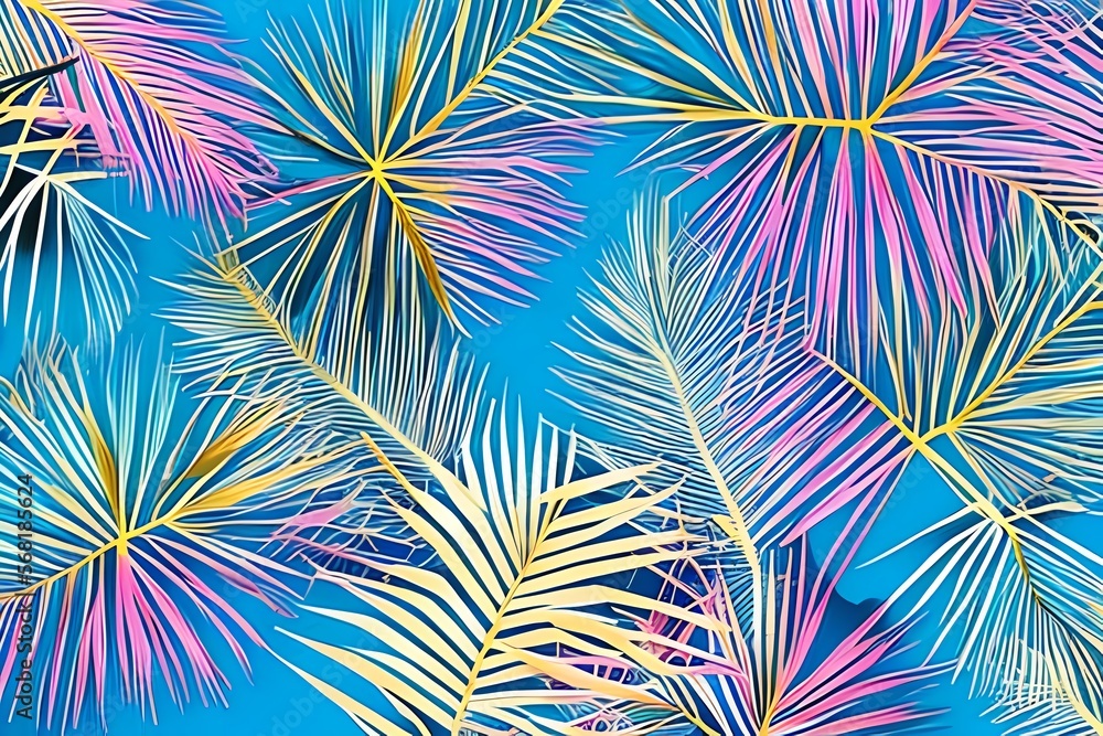 Luxury art background with tropical palm leaves in blue and pink colors with golden elements in line style. Botanical decoration, poster, textile, wallpaper, interior design Luxury art background with tropical palm leaves in blue and pink colors with golden elements in line style. Botanical decoration, poster, textile, wallpaper, interior design