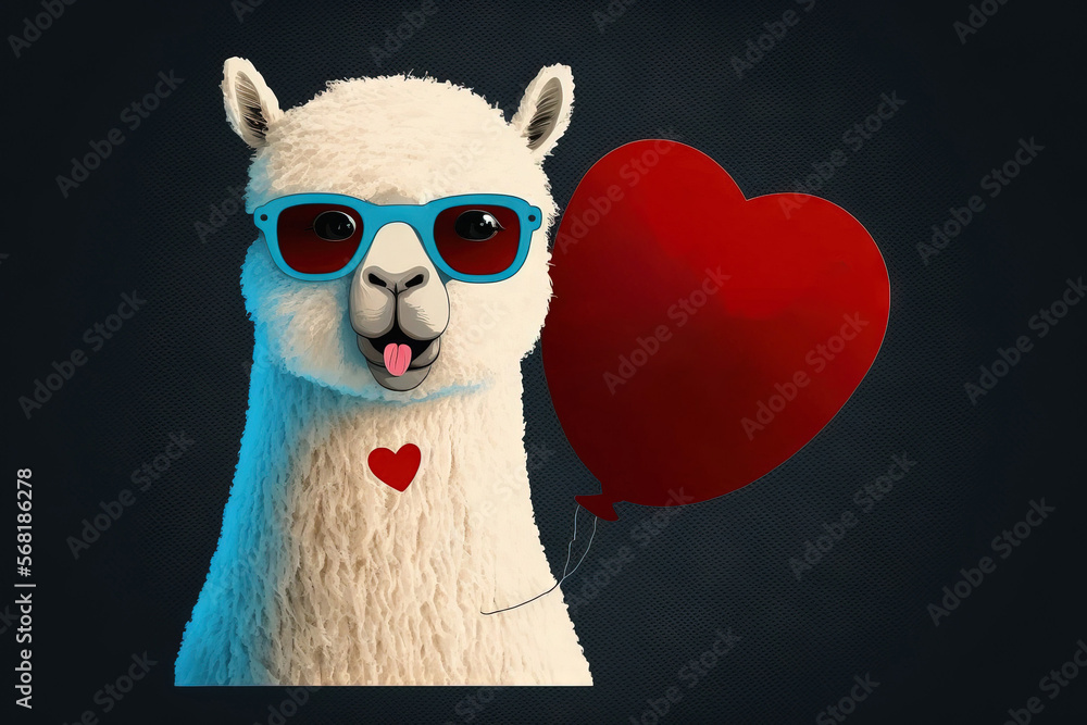 Fototapeta premium Valentine, be mine. Speech bubble and sunglasses on a cute lama. illustration. Generative AI