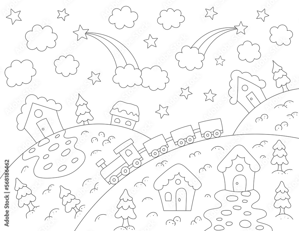 train, houses and mountains coloring page. you can print it on 8.5x11 inch paper
