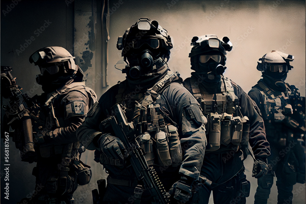 Fototapeta premium Special forces military unit in full tactical gear. war mask. Generative AI