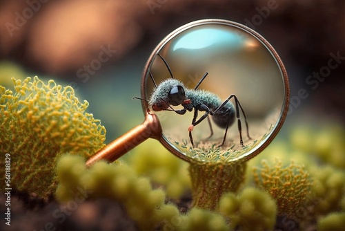  a close up of a magnifying glass with a small ant on it's side and a larger ant on the other side of the glass.  generative ai